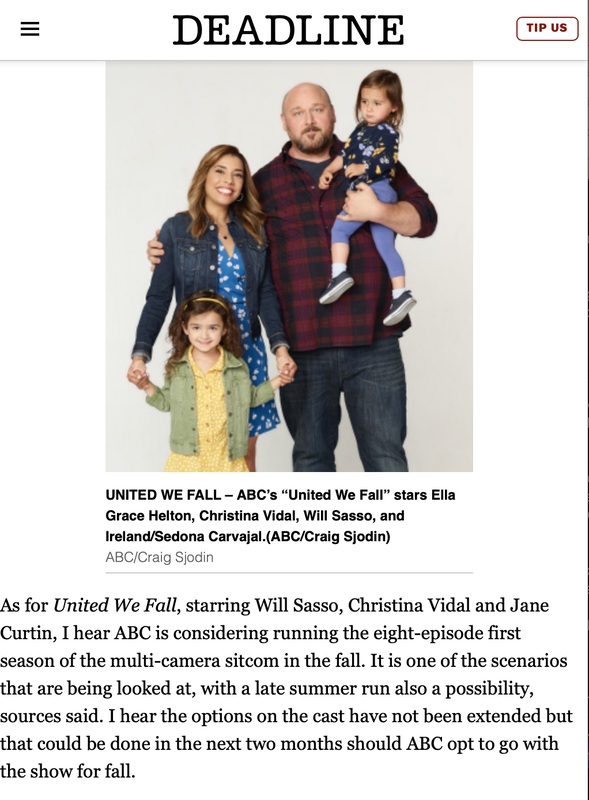 Screenshot of a Deadline article and photo with Ella Grace Helton and the cast of the ABC sitcom "United We Fall."