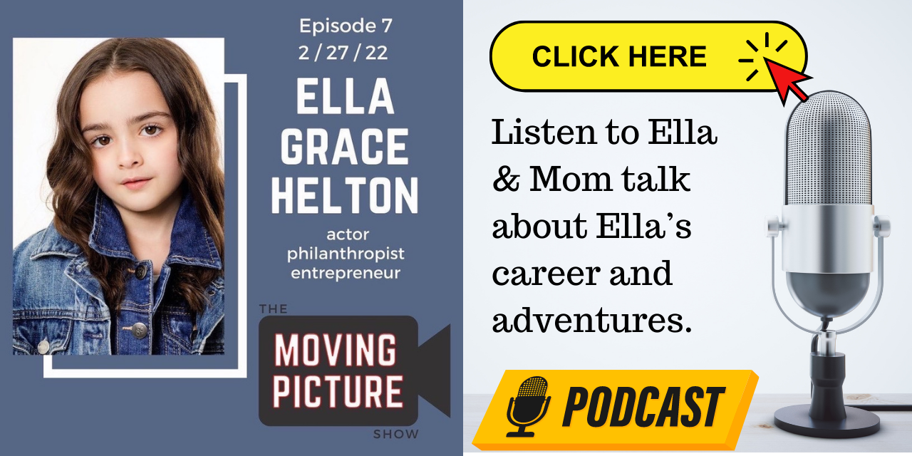 Graphic with Ella Grace Helton's headshot and a microphone that links to her interview on the Moving Picture Show Podcast.