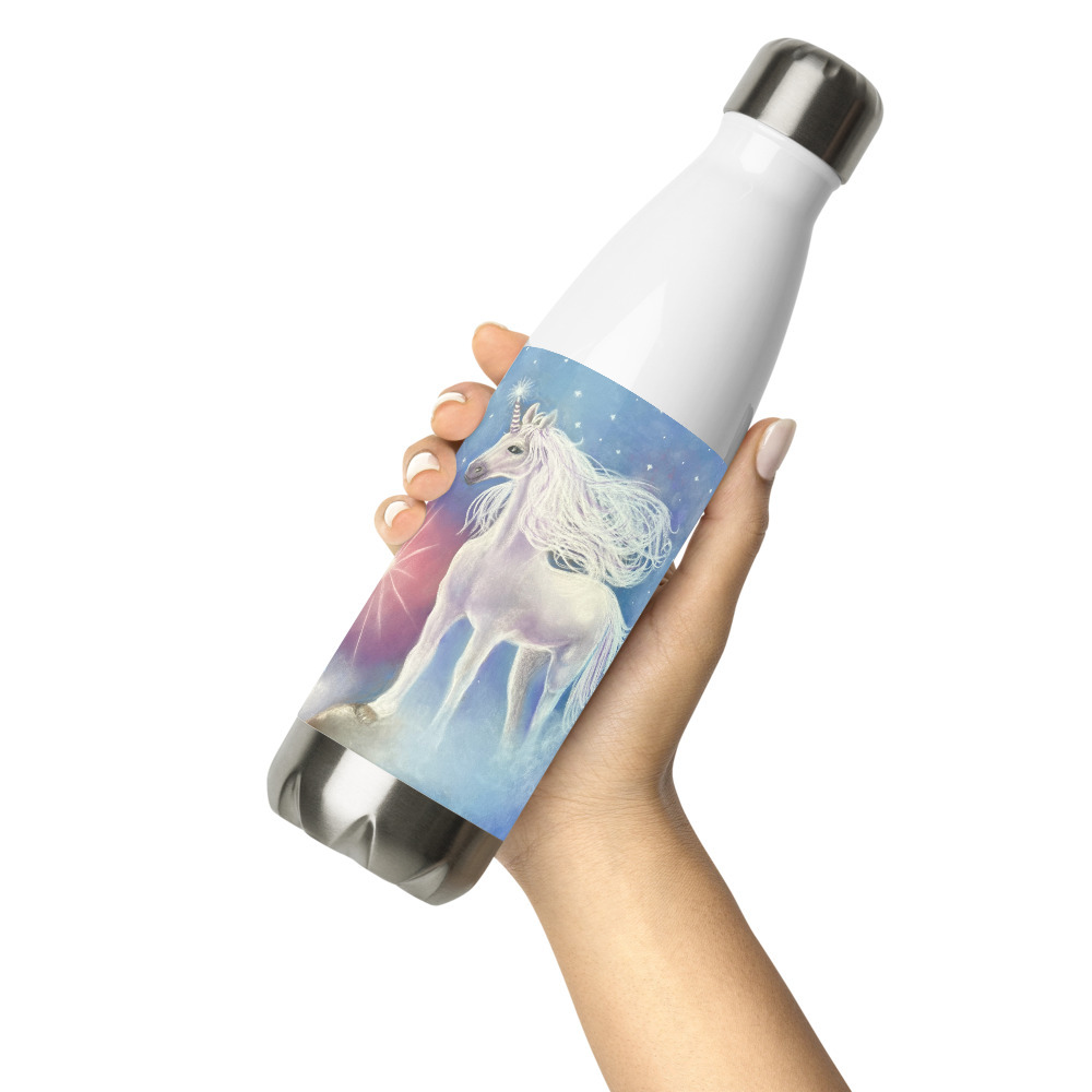 Unicorn water bottle featuring pastel painting by child artist Ella Grace  Helton